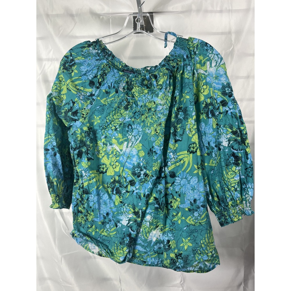 Westbound Women's Teal Blue‎ Floral Print Off Shoulder Smocked Neck Blouse Top M